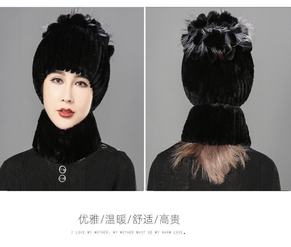 Winter Fur Hats Scarf Women Real Rex Rabbit Warm Beanie Cap With Fox Fur Fluffy