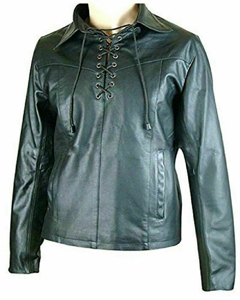 Men’s Real Sheepskin Leather Pullover Ghillie Shirt Black Full Sleeve Kilt Shirt