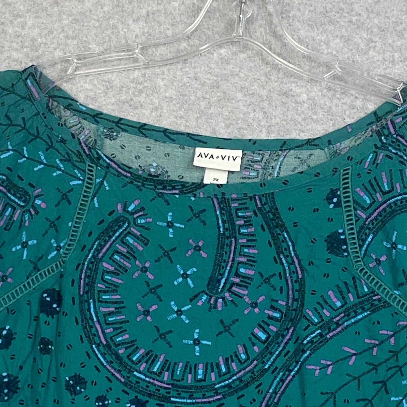 Ava & Viv Top Womens Plus 2X Teal Swirl Flutter Sleeve Ladder Lace Boho Blouse