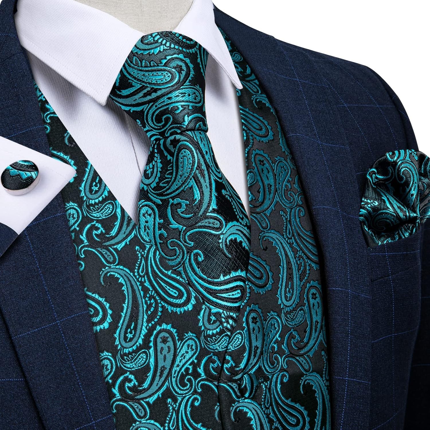 Mens Paisley Silk Vest Tie Pocket Square Cufflinks Set for Wedding Party Formal