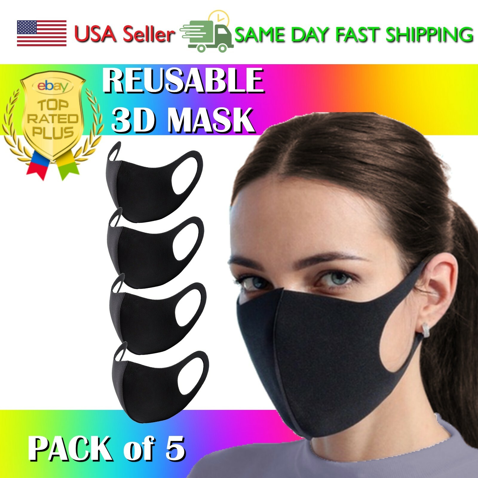 (5 Pack) 3D Black Fashion Face Mask Washable and Reusable