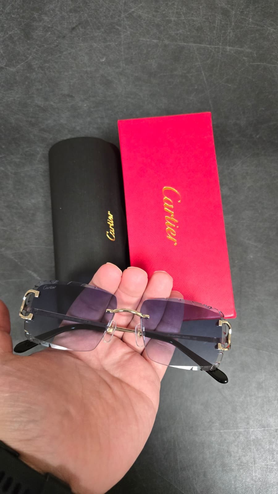 Cartier Big C Diamond Cut Red to Blue Fade Frameless Lens Gold Frame Big Box Ed.