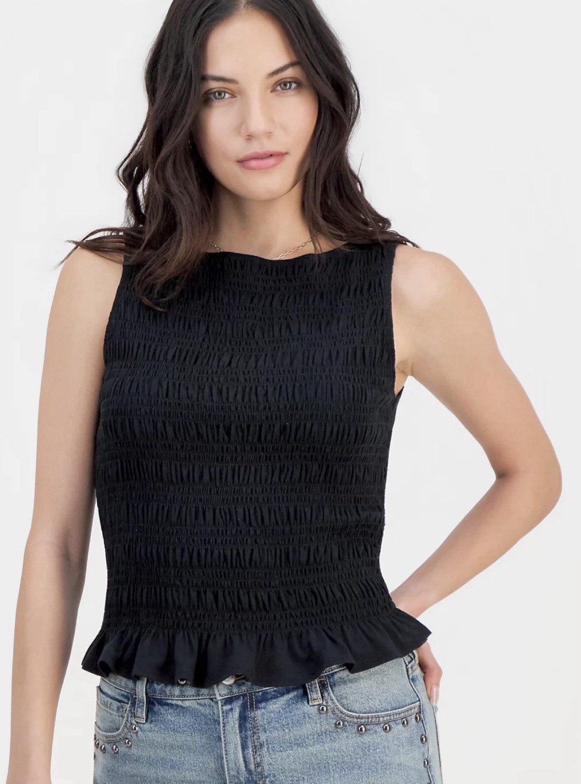 AND NOW THIS Black Smocked Textured Sleeveless Peplum Top Size Large NEW