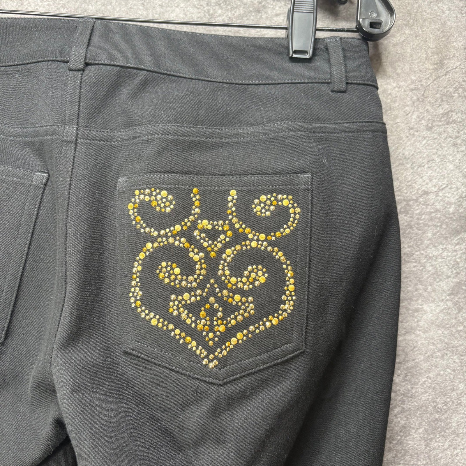 St John Black Bootcut Knit Pants Size 6 Gold Studded Back Pocket Glam Old Money