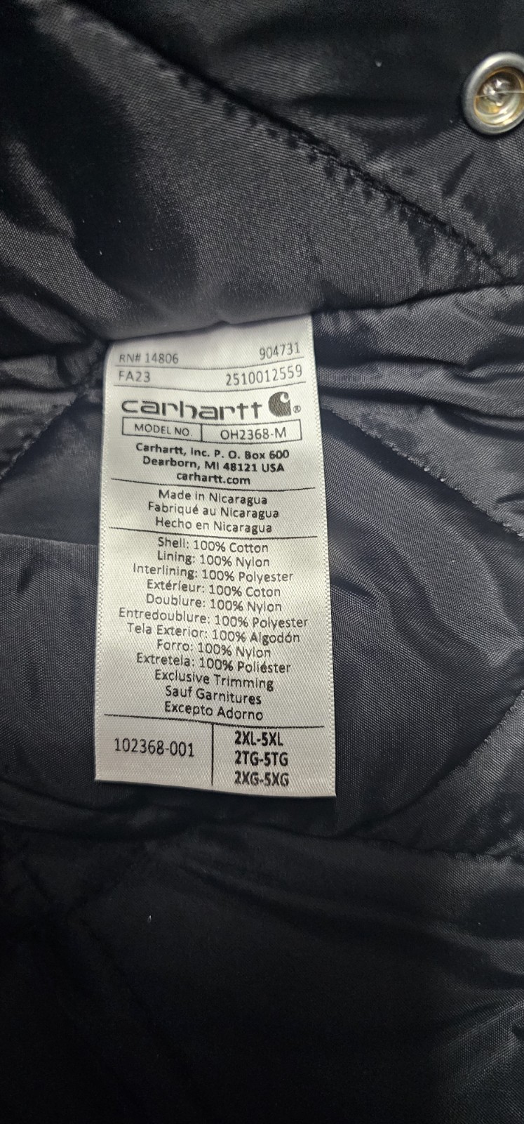 Carhartt Firm Duck Insulated Canvas Hood Size 2X-5XL Black Cotton