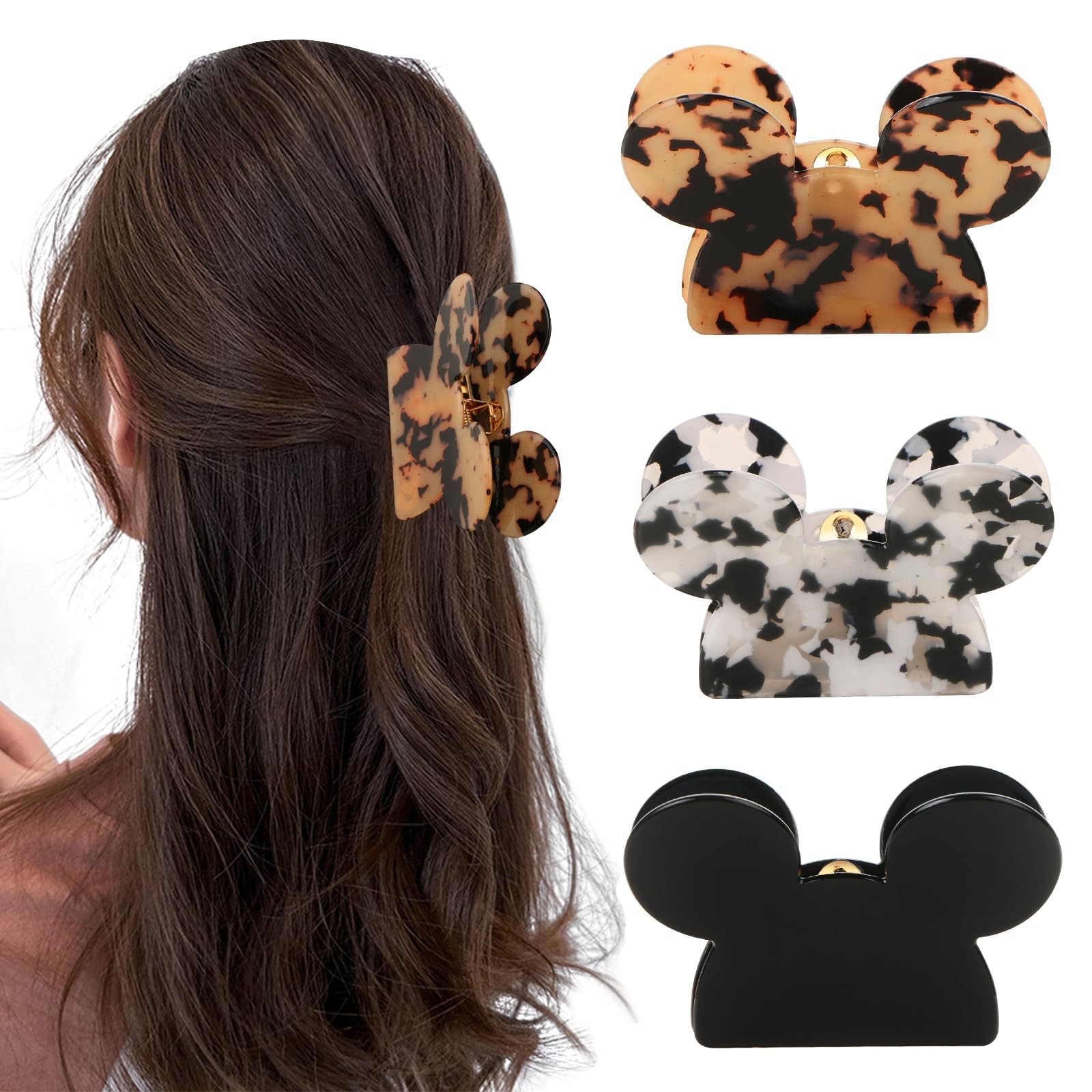 BENOSPACE 3Pcs Acrylic Hair Clip, Mouse Head Claw Clips for black, white