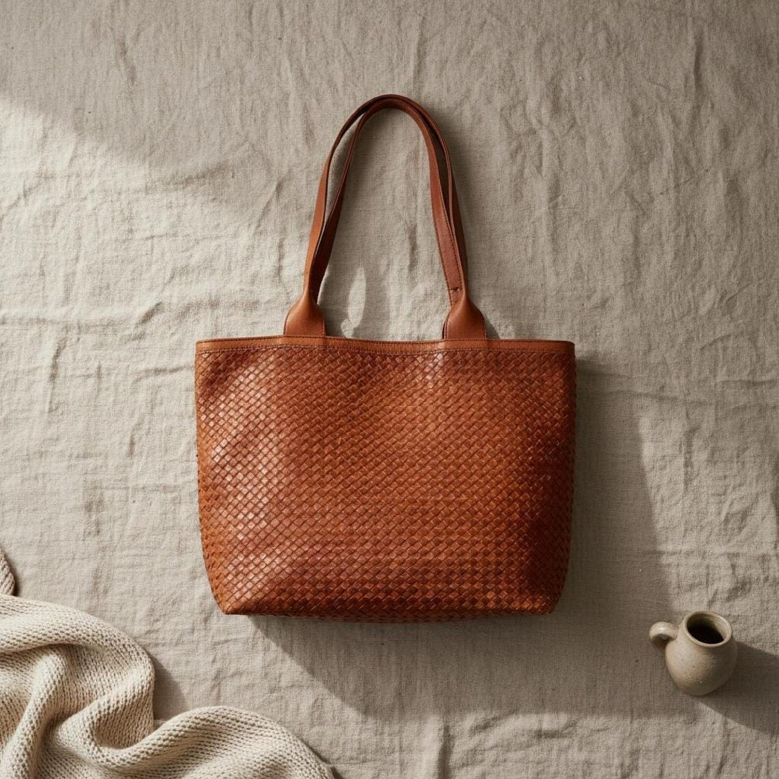 Handmade Moroccan Leather Bag | Braided Leather Tote | Marrakech Artisan Bag | L