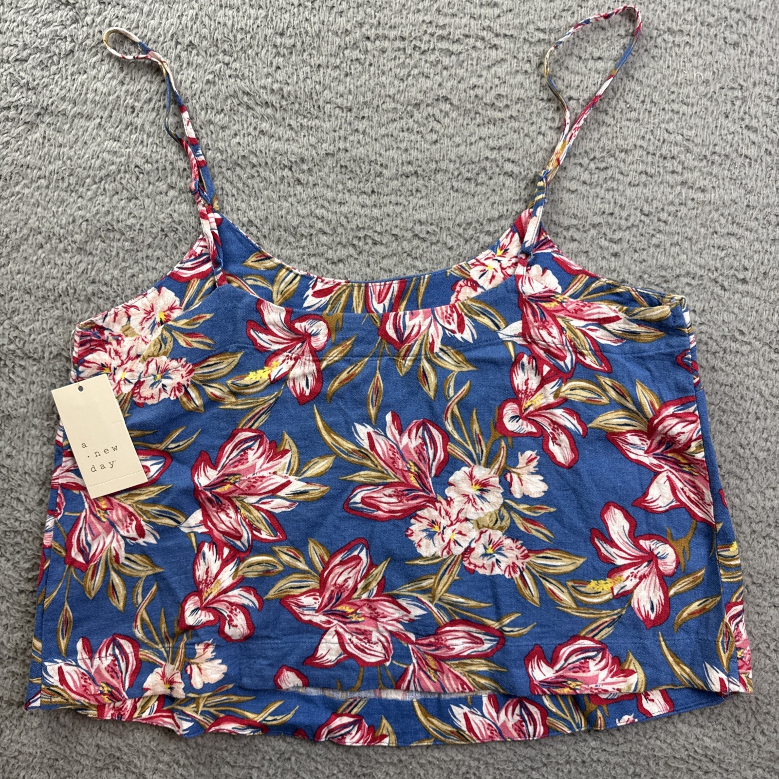 A New Day Tank Top Womens Medium Tropical Floral Scoop Neck Linen Blend Cami