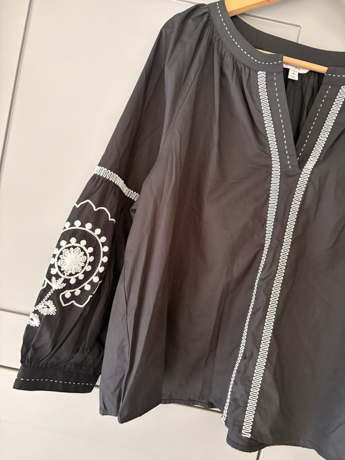 M&S 100% Cotton Black & White Embroidered Smock Top Size 12 Boho Blouse