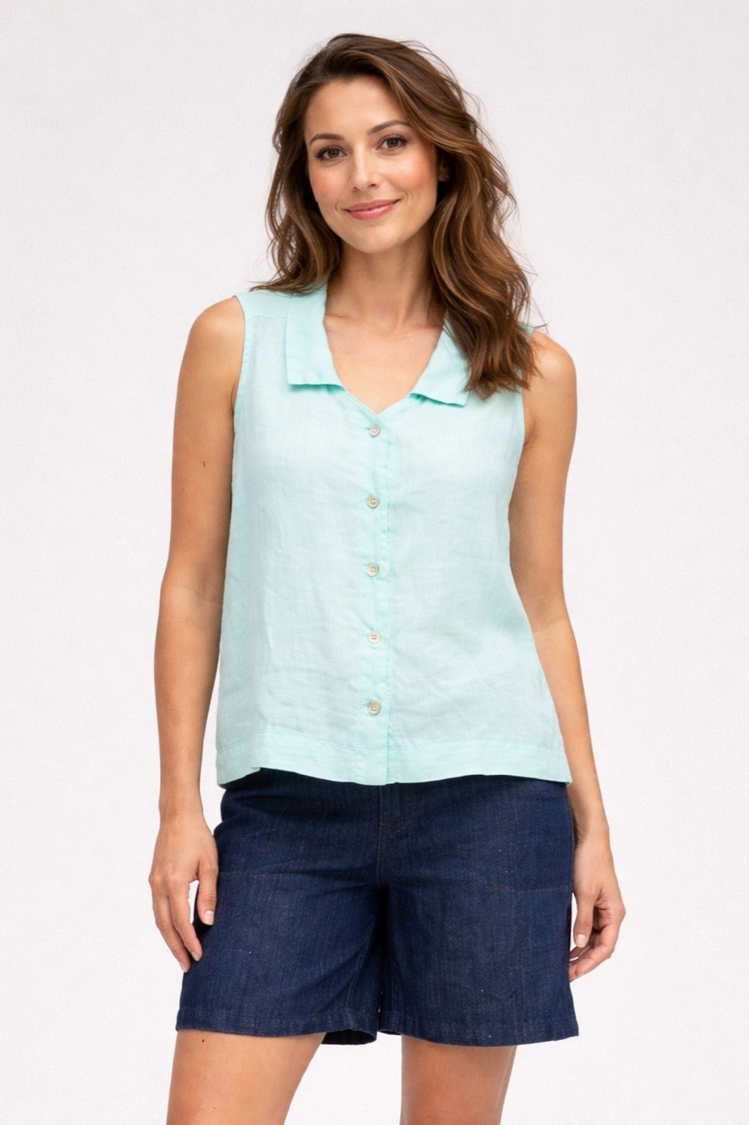 Cut Loose Hanky Linen Coastal WHITE Sleeveless Button Front Summer Luxury Top M