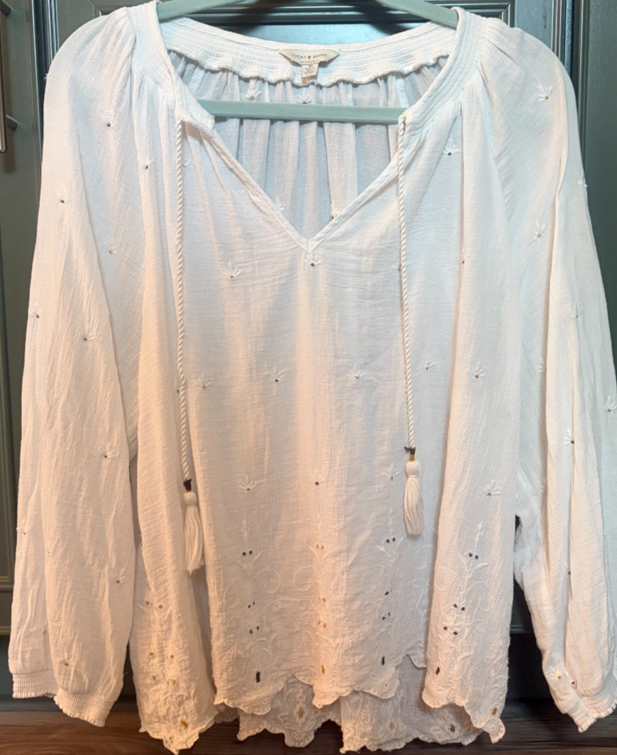 Lucky Brand Boho White Eyelet Embroidered Peasant Bouse Cotton Embroidered Med