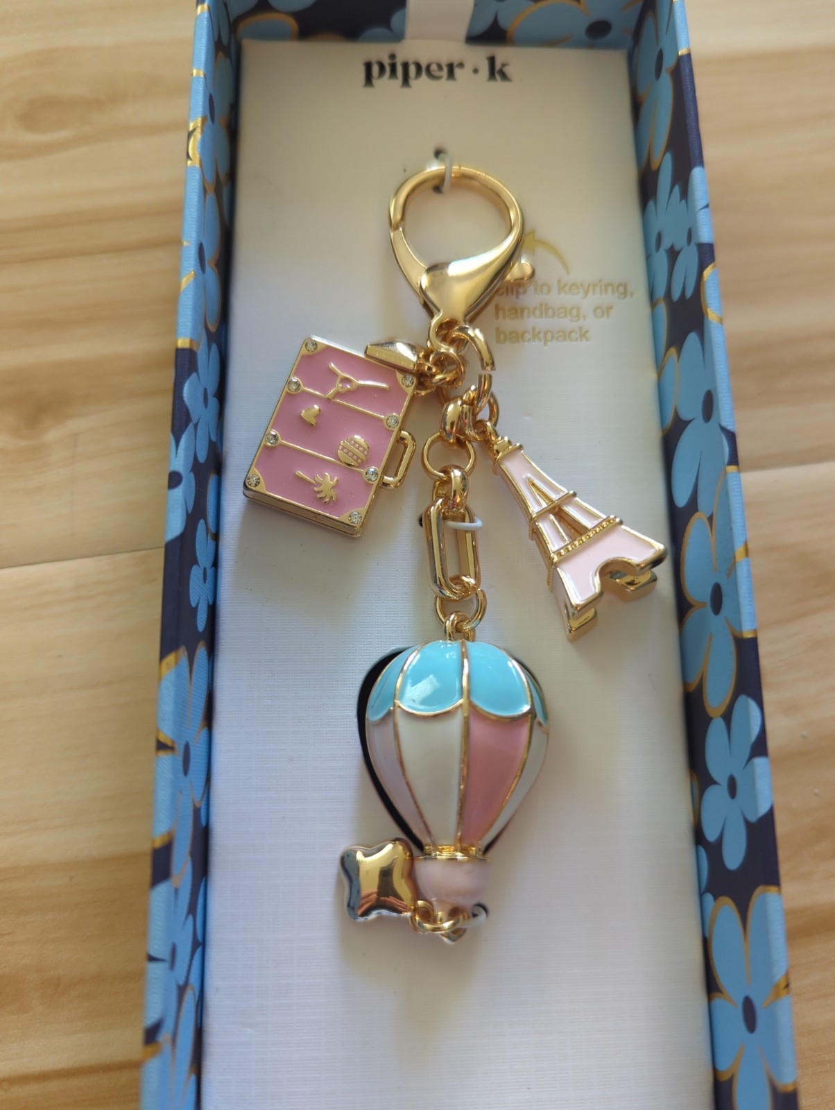 New Piper K Eiffel Tower Hot Air Balloon Bag Charm/Keychain Glass Stones