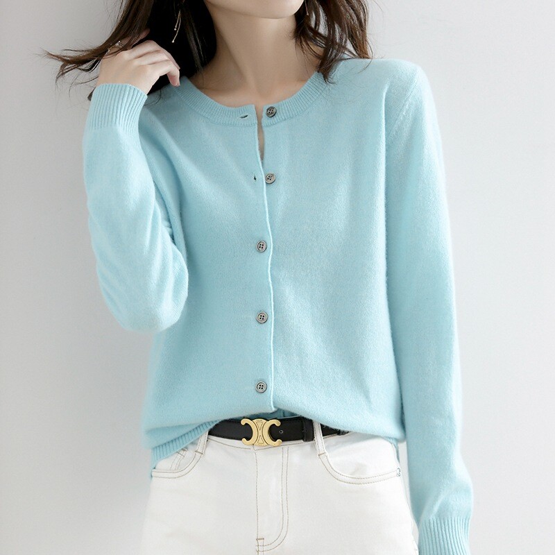 Women’s Cashmere Blend Cardigan Solid Color Sweater Simple Crew Neck Jacket Coat