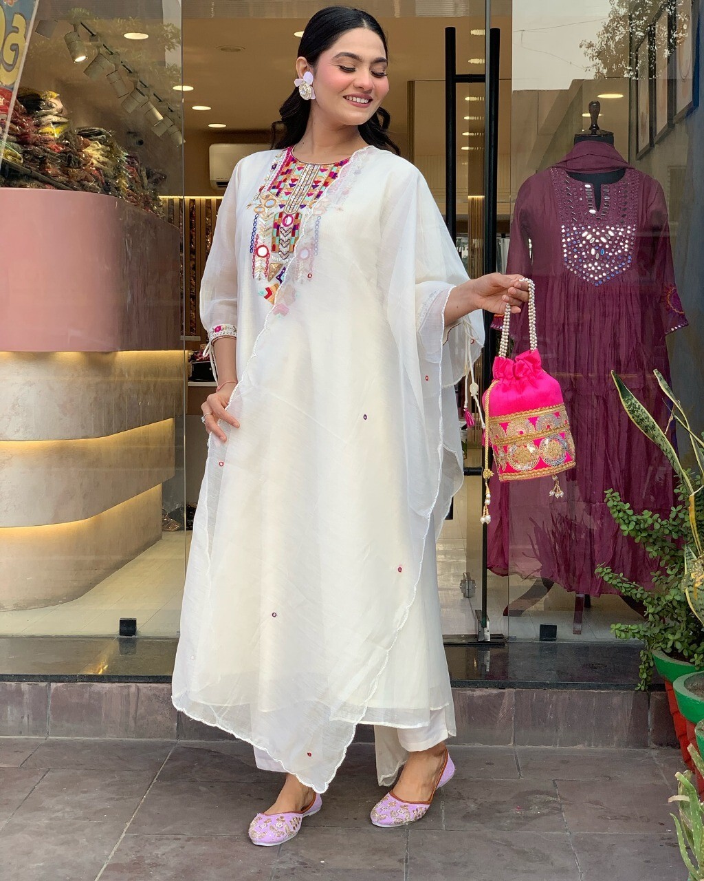 Indian Women Chanderi Silk Anarkali Kurta Pant Dupatta Set Kurti Salwar Kameez