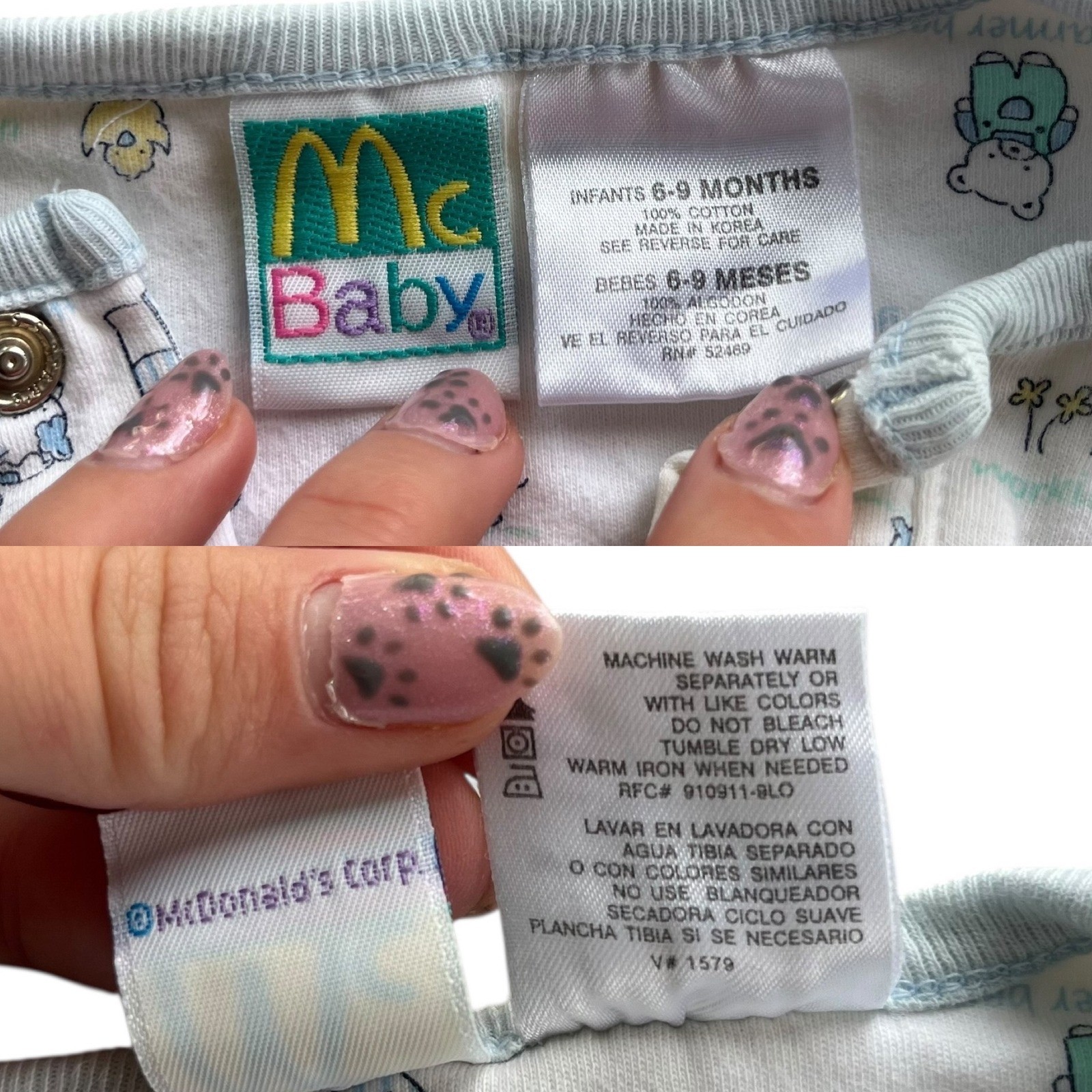 McBaby 6-9 M White Blue Farmer Bear Animal Tractor Print Romper Jumpsuit Vintage