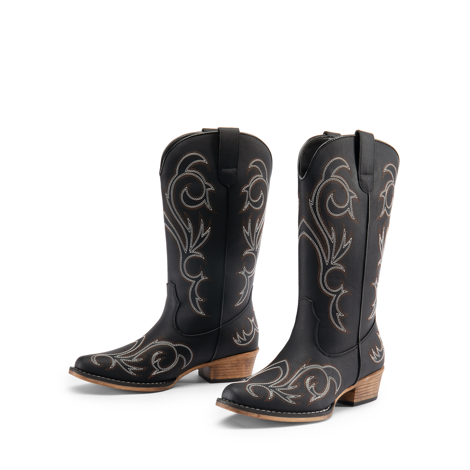 Women Low Heel Pull On Western Boots Square Toe Cowboy Cowgirl Mid Calf Boots