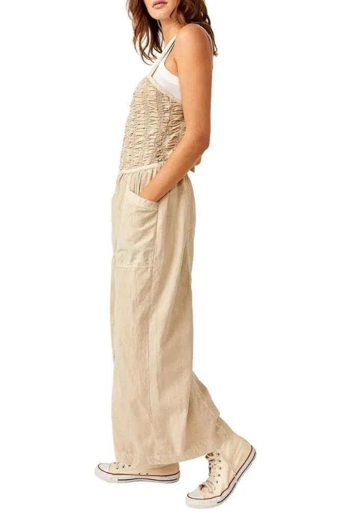 Free People Forever Always Cotton Wide Leg Jumpsuit in Beached Sand Size L