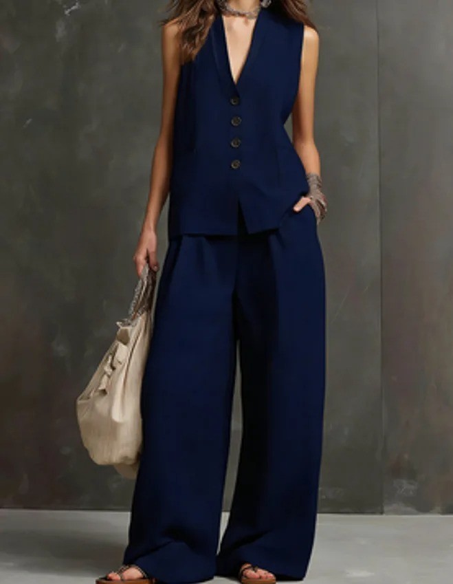 Women Solid Buttons Vest + Pocket Wide-leg Pants Suit Women Casual Two Piece Set