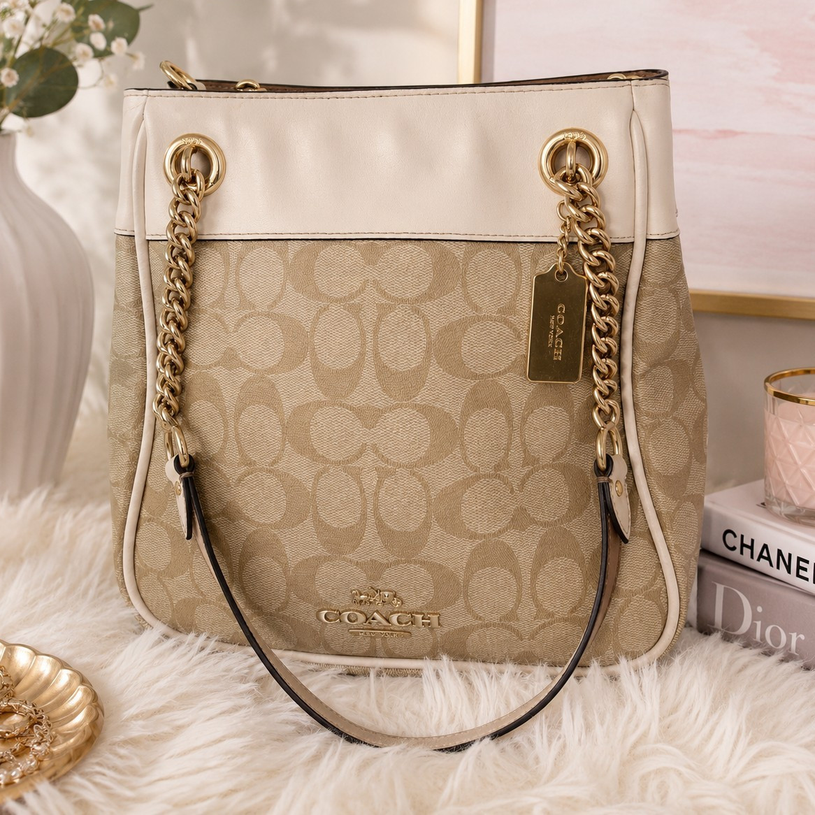 COACH Cammie C8152 Beige Signature Canvas & Cream Leather Chain Shoulder Bag