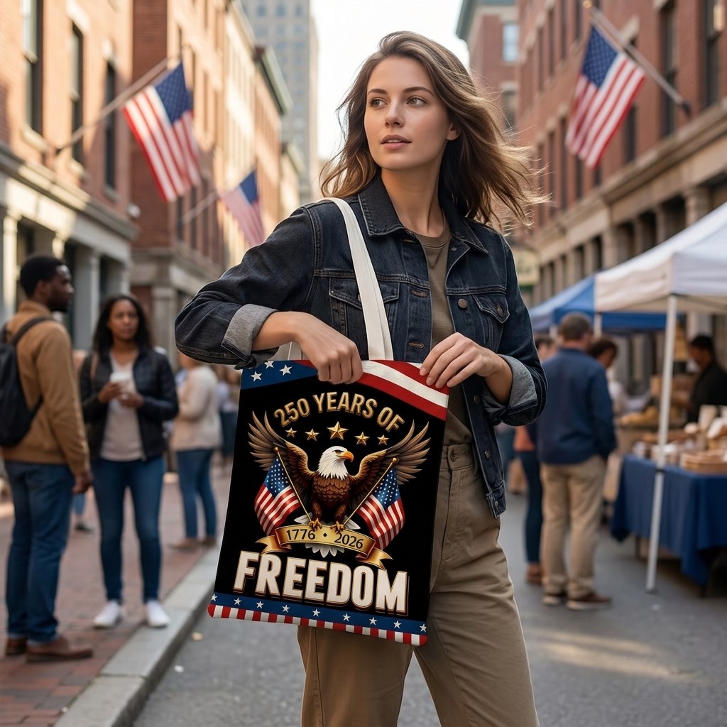 Patriotic America Canvas Tote Bag, 250th Anniversary Print Shoulder Bag