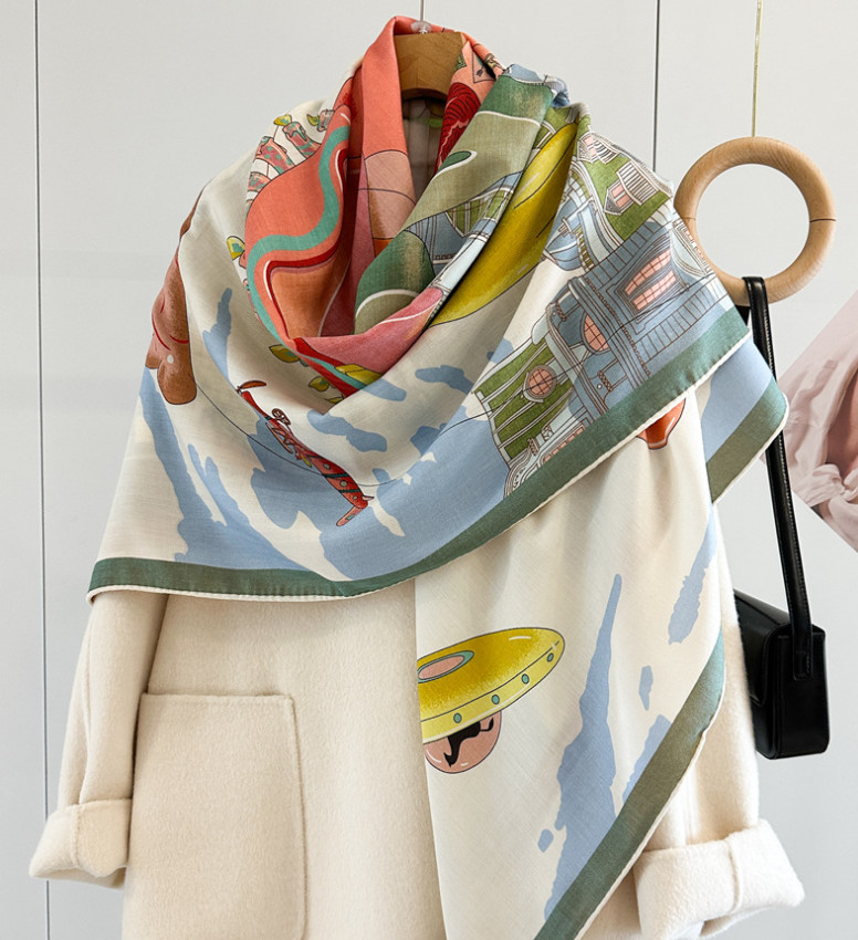 70% Cashmere 30% Silk Wrap Scarf Horse Print Double Face Print Shawl 135X135cm