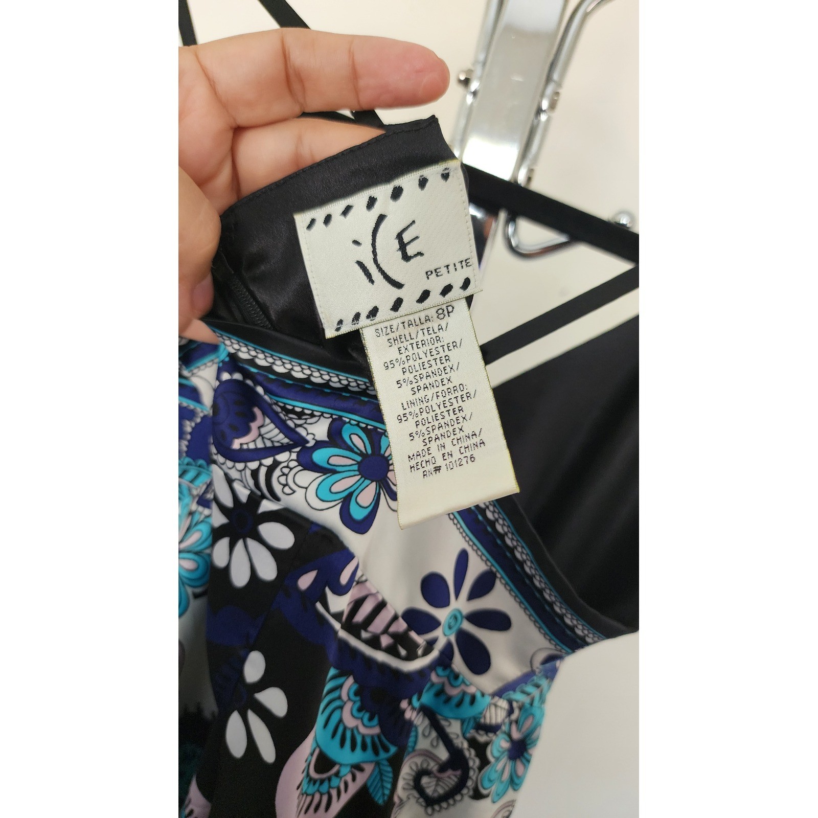 ICE Petite Women Black Blue Paisley Floral Satin Mini Dress Size 8P Boho Summer
