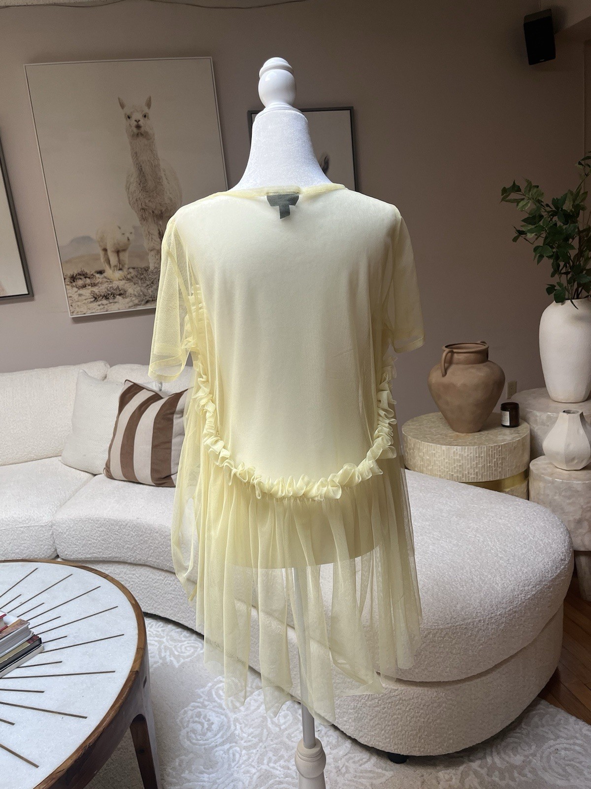 TOPSHOP Yellow Sheer Mesh Tulle Ruffle Babydoll Crew Neck Blouse US 6