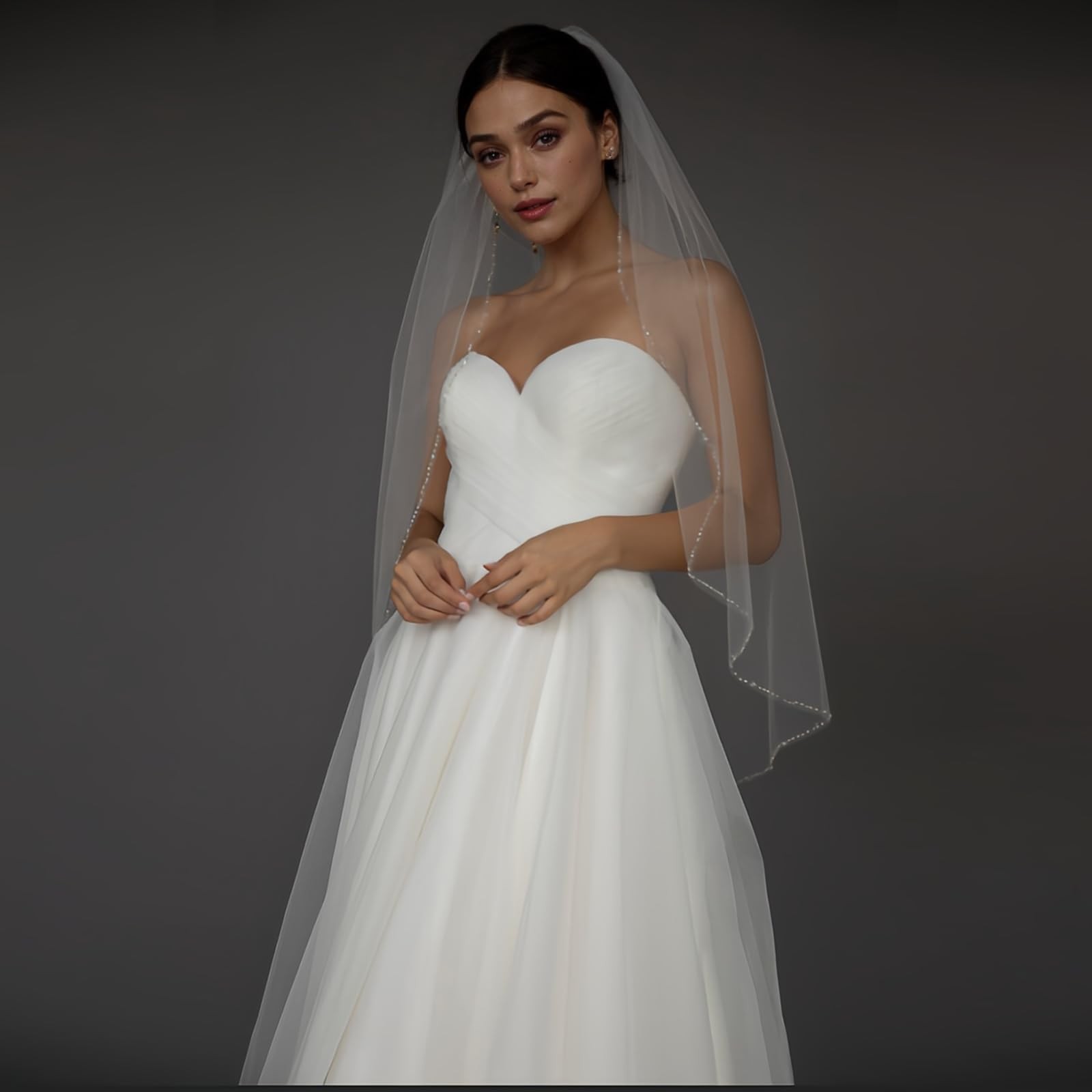 Bridal Veil Pearl Beaded Edge 1 Tier Fingertip Length Wedding Veil with Comb