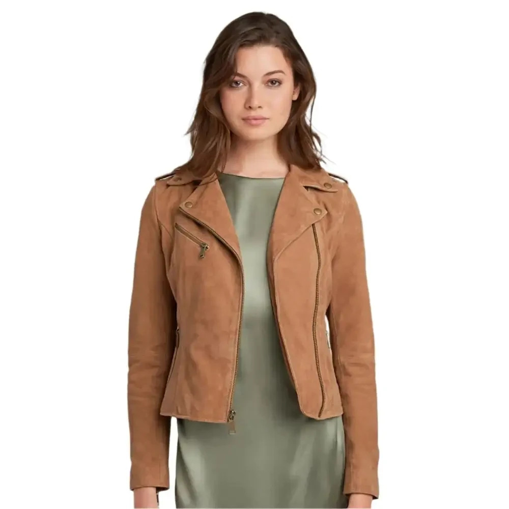 Women’s Tan Brown Suede Leather Jacket – Premium Soft Suede Stylish Casual Outer