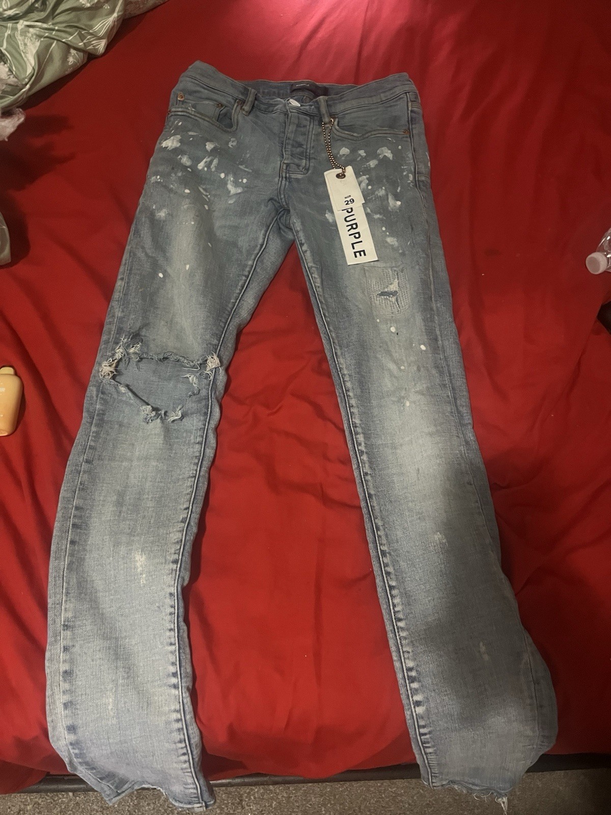 PURPLE Men’s Blue Distressed Skinny Denim Jeans 5-Pocket Zip Fly Logo