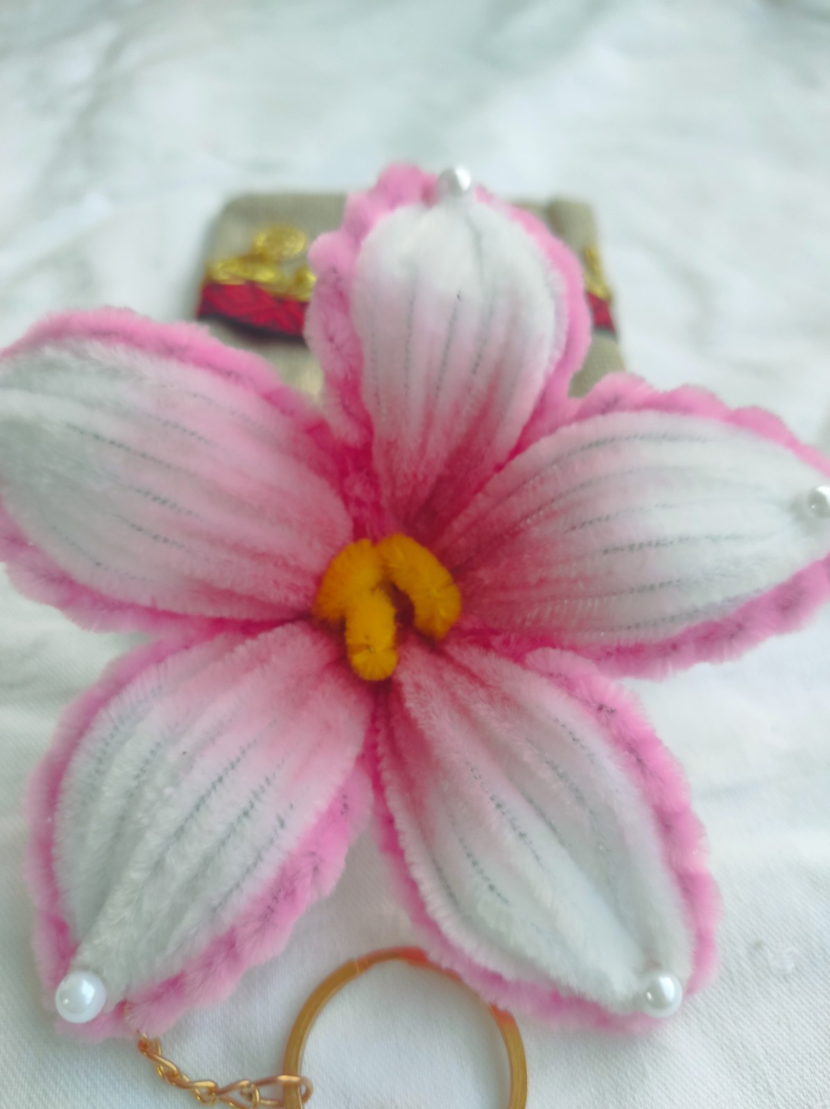 ​Handmade Pink Flower Bag Charm – Artisan Floral Keychain – Unique Handcrafted A