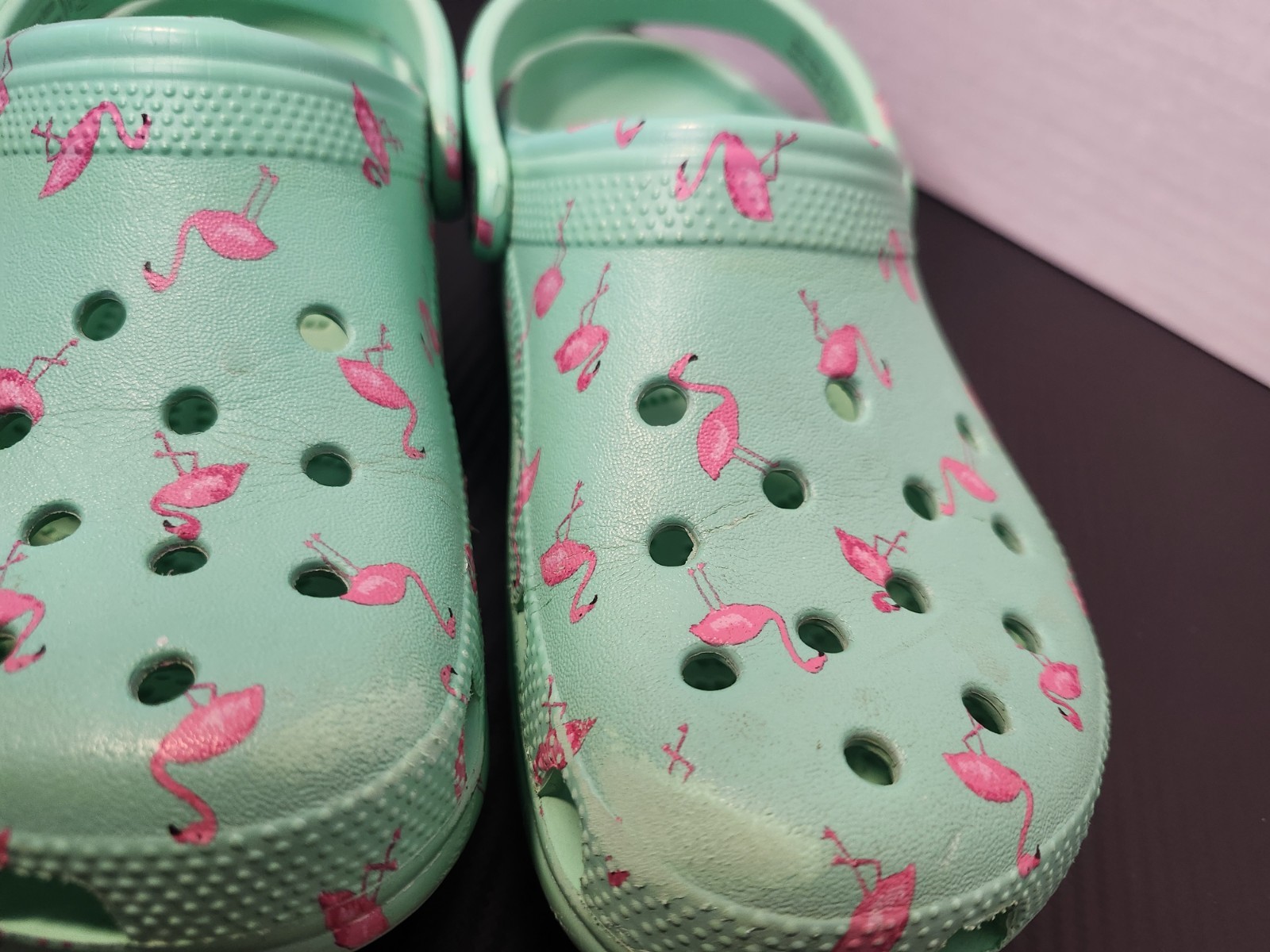 Crocs Classic Clogs Green Blue With Pink Flamingos Size W8 M6