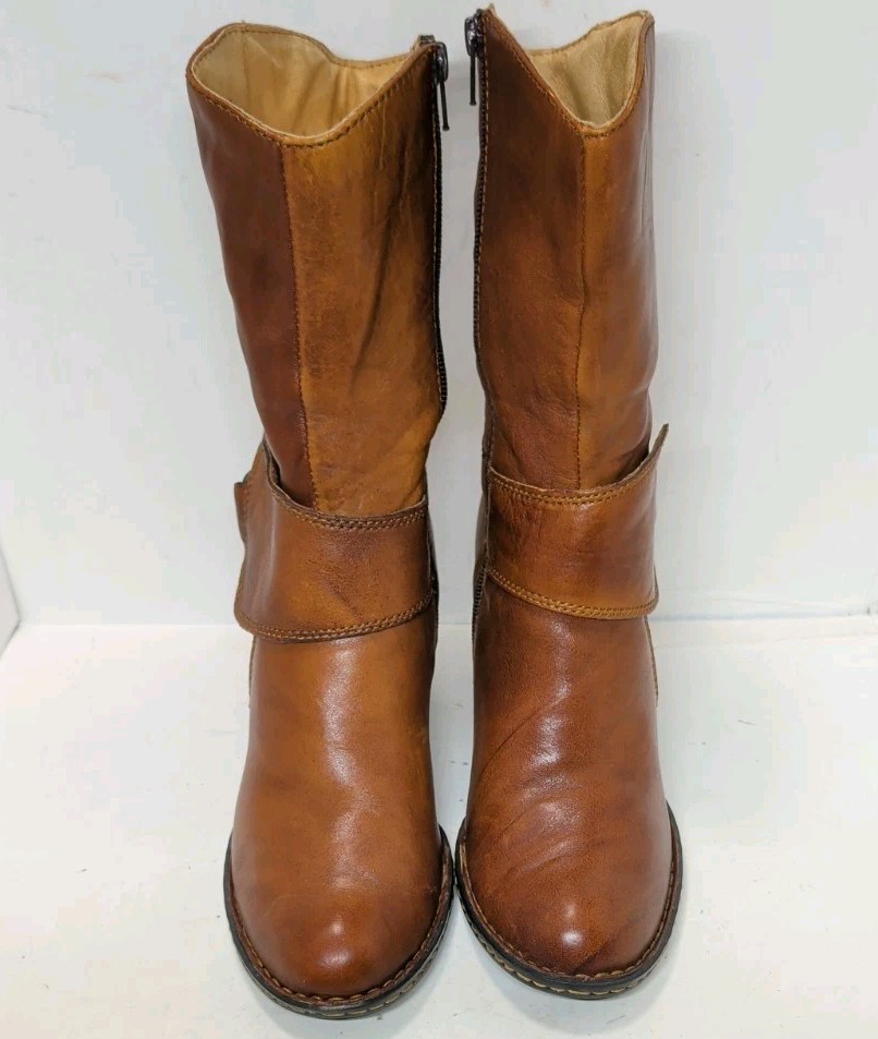 Womens Born Dani Sz 9 B Soft Brown Leather Mid Calf Zipper Buckle Heeled Boots