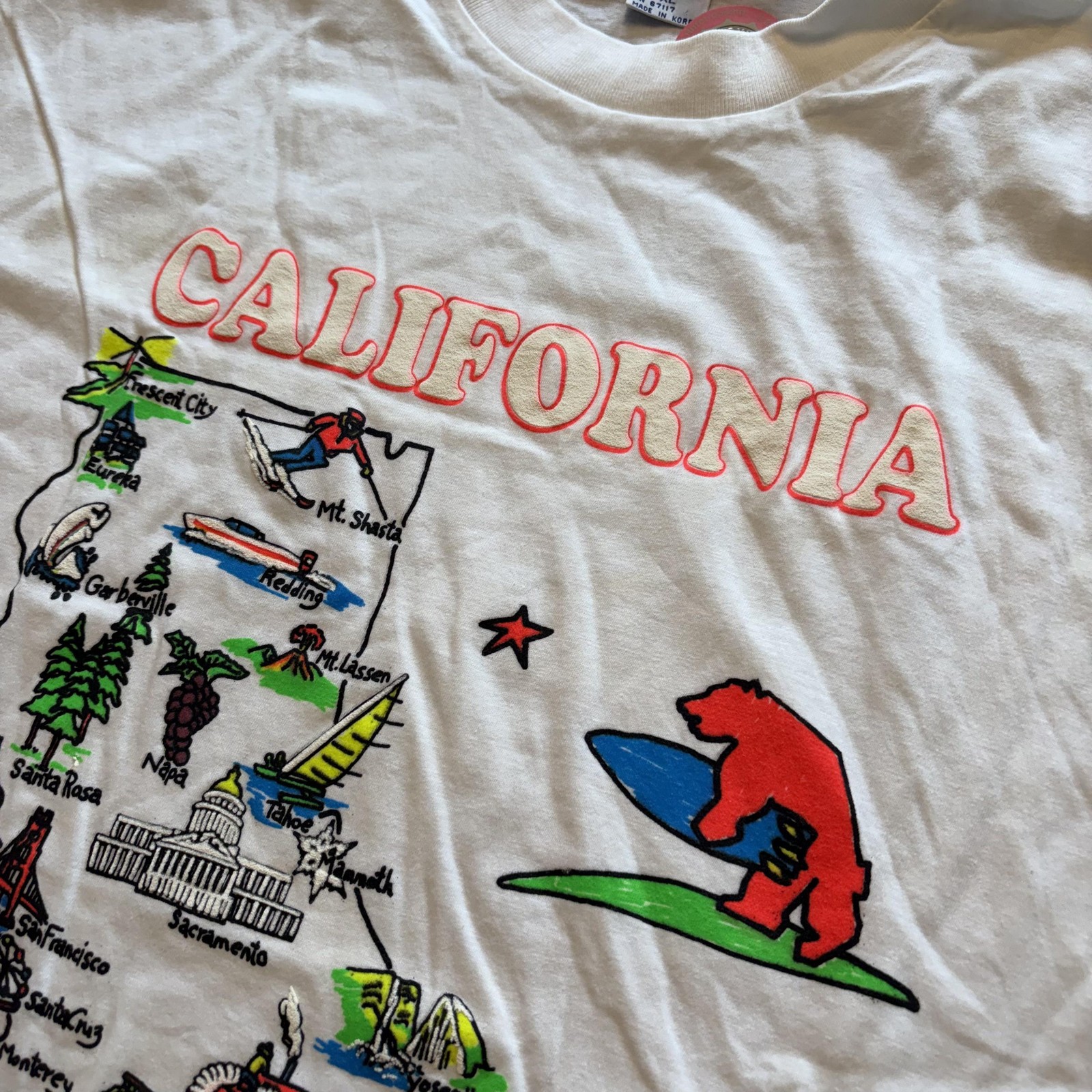 Vintage BYC California Map Shirt Mens XL White Surfing Bear Graphic Tee T-Shirt