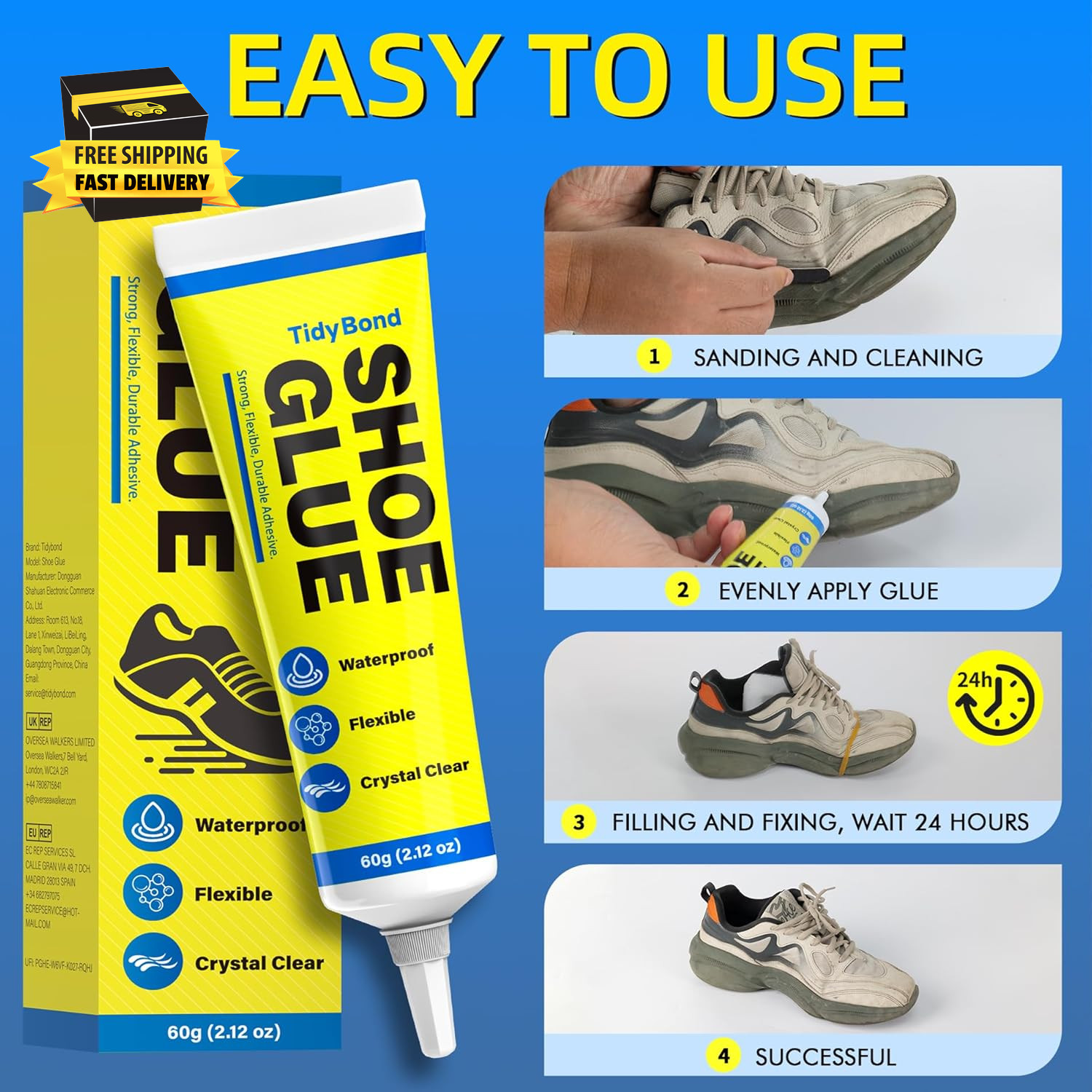 Shoe Glue, Shoe Repair Adhesive Flexible, Waterproof, Clear, Super Strong Glue f