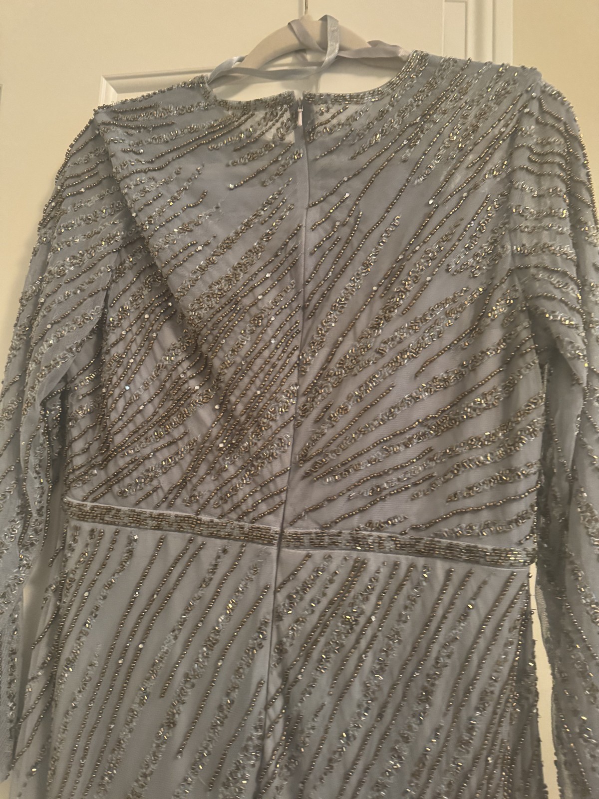 Mac Duggal Long Beaded Dress in Platinum with Gold Beads, size 10, $598