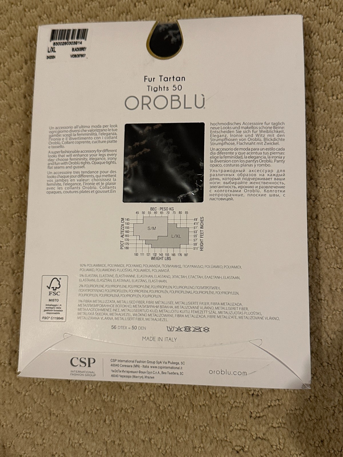 SOLD OUT Oroblu Tartan Tights in Black/Grey, Size: Large/XLarge (New in Package)