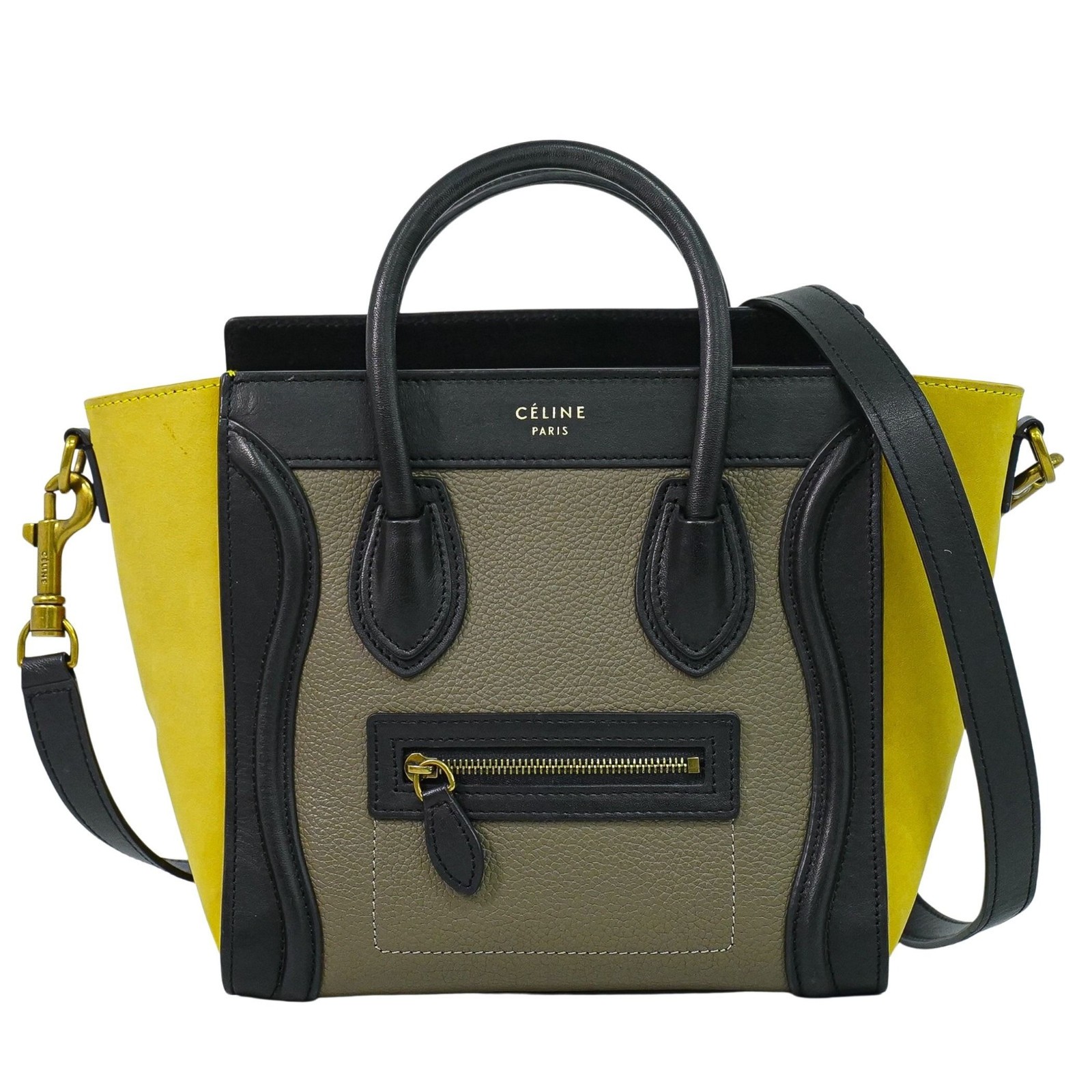 CELINE Luggage Nano Leather 2way Shoulder Handbag Greige Yellow Black