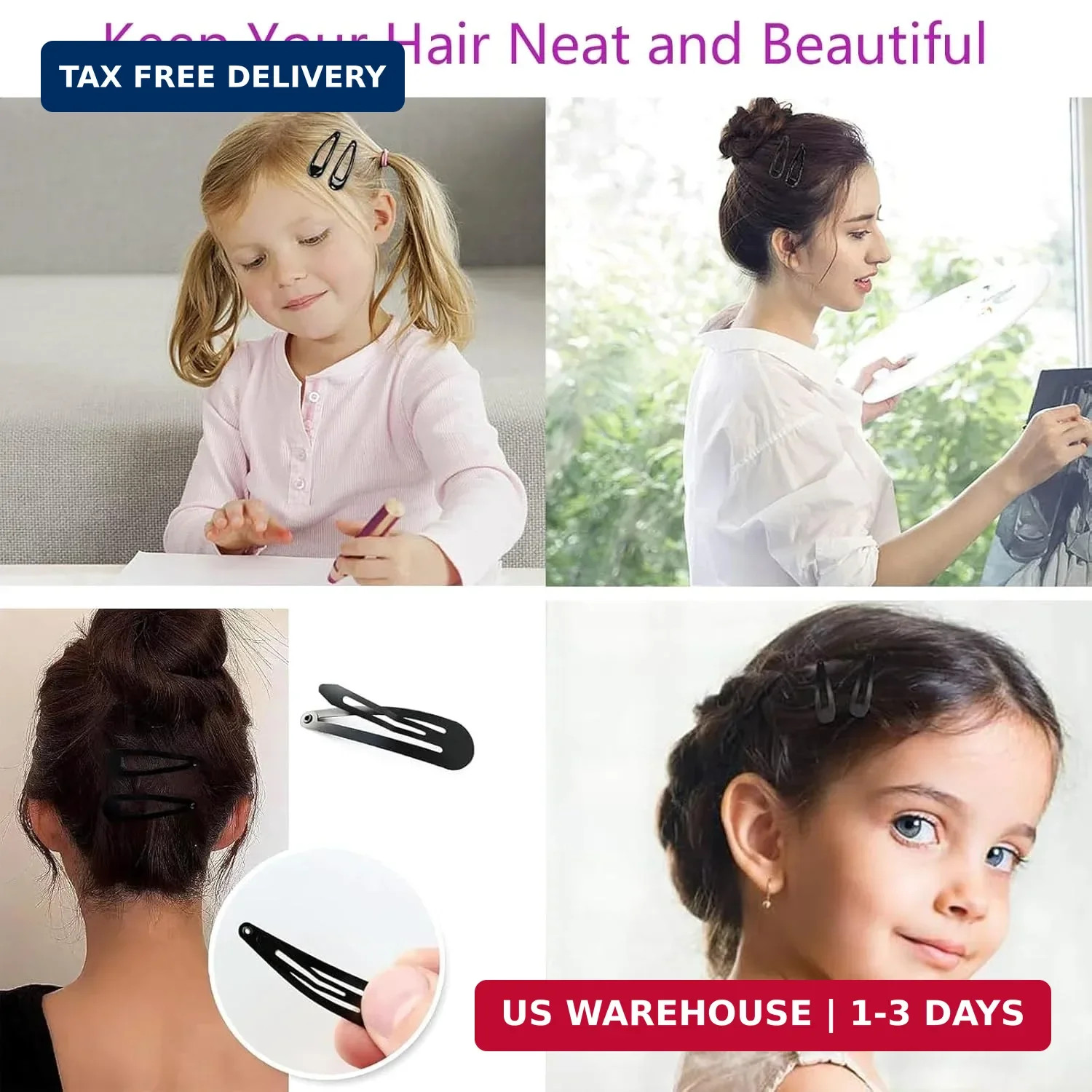 70 Pack 2 Inch Barrettes Women Metal Snap Hair Clips Accessories, Tuefuzy Black