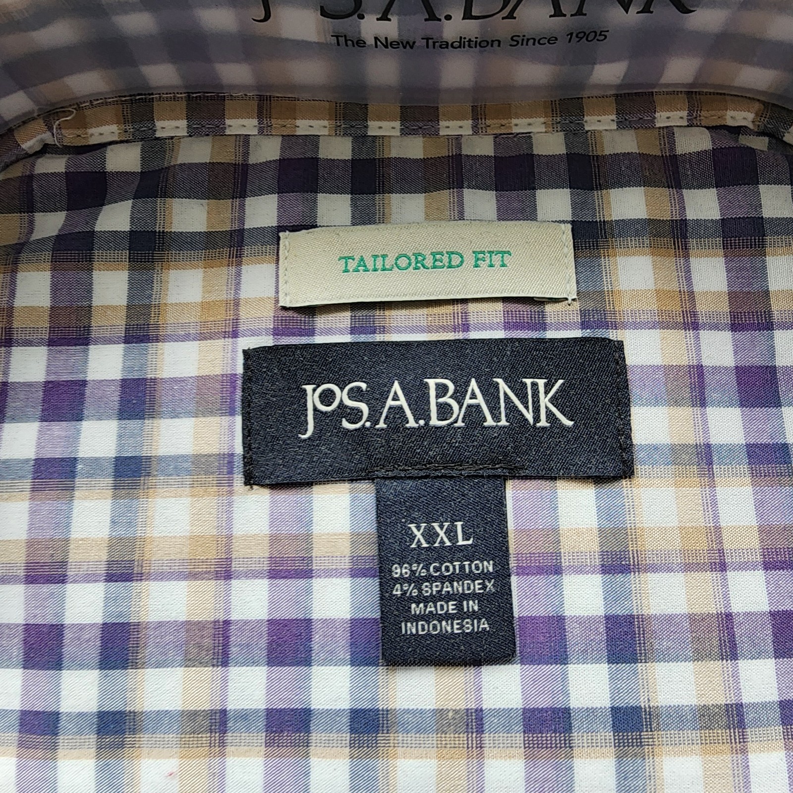XXL Purple Shirt Plaid Checked Beige White Mens Jos A Bank New Tailored Fit Size