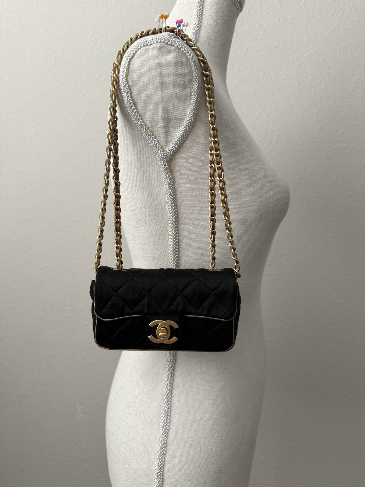 Vintage Chanel Extra Mini Satin Flap Bag Black Gold Chain Crossbody Rare