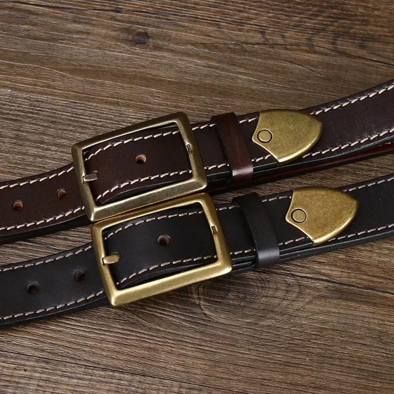 Italian Veg Tanned Cowhide Double Sided Belt Stitching Brass Buckle 3.3cm 3.8cm