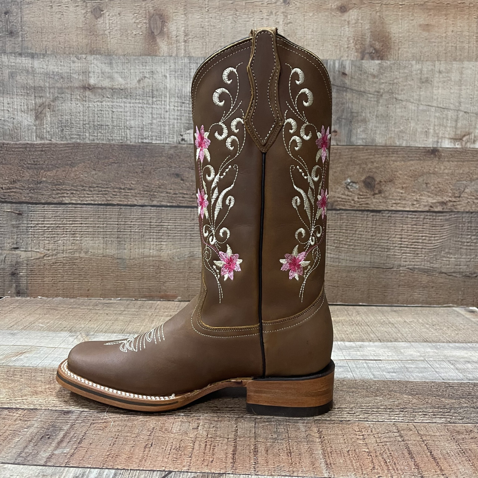 Women’s Western Rodeo Square Toe Cowgirl Boots Pink Flowers Nobuck Flor Rosa 804