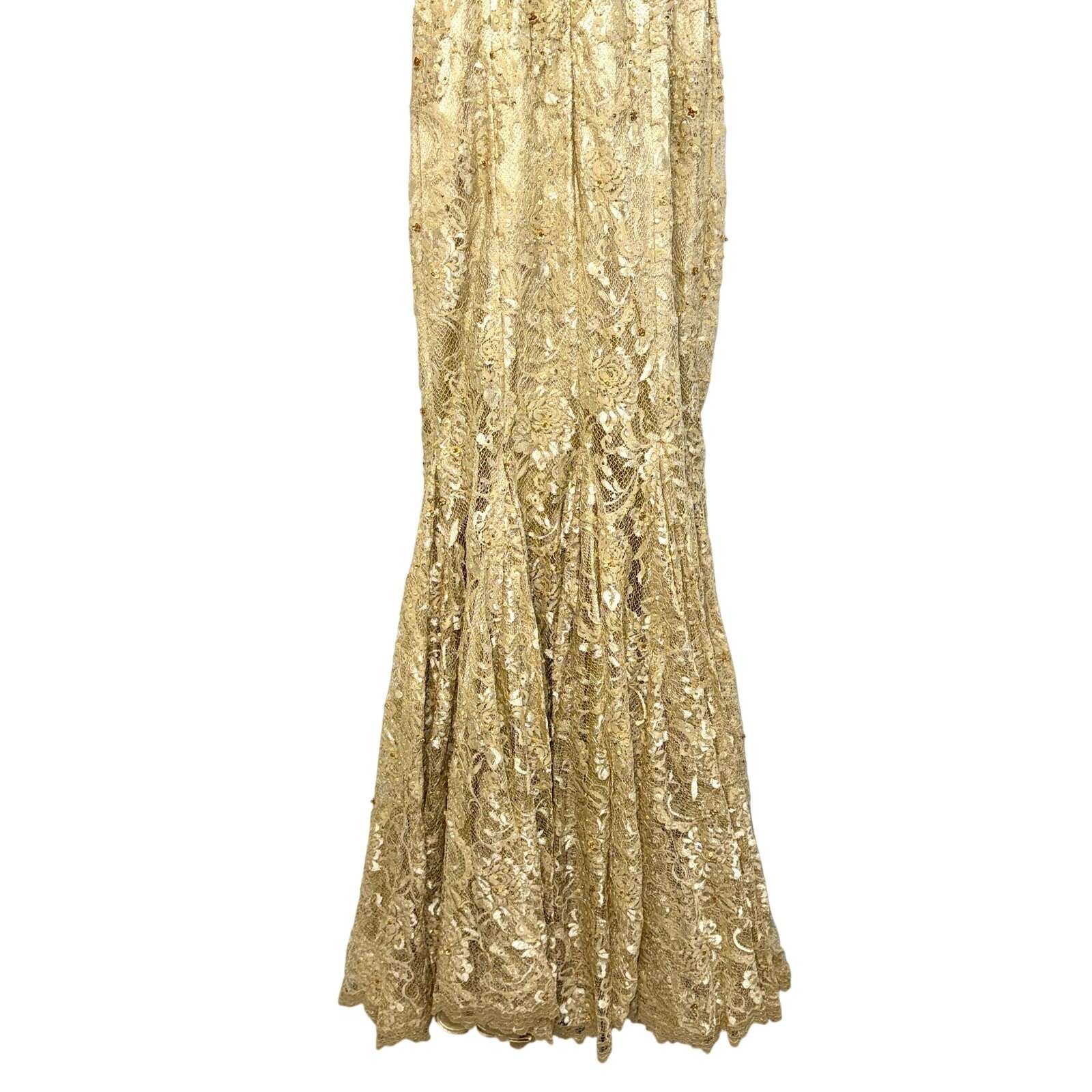 NWT Mandalay Champagne Gold Lace Beaded Sequin Long Mermaid Evening Gown Size 8