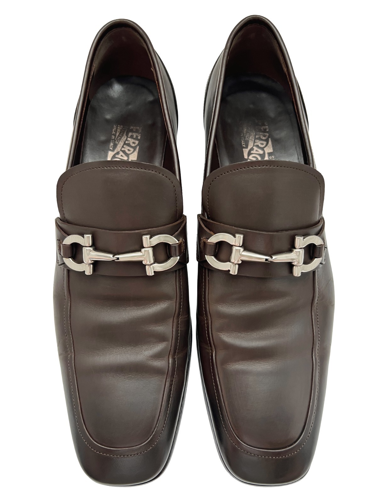 $1050 Ferragamo Mens LORENZO Brown Shoes Gancini Silver Bit Loafers 11.5 D
