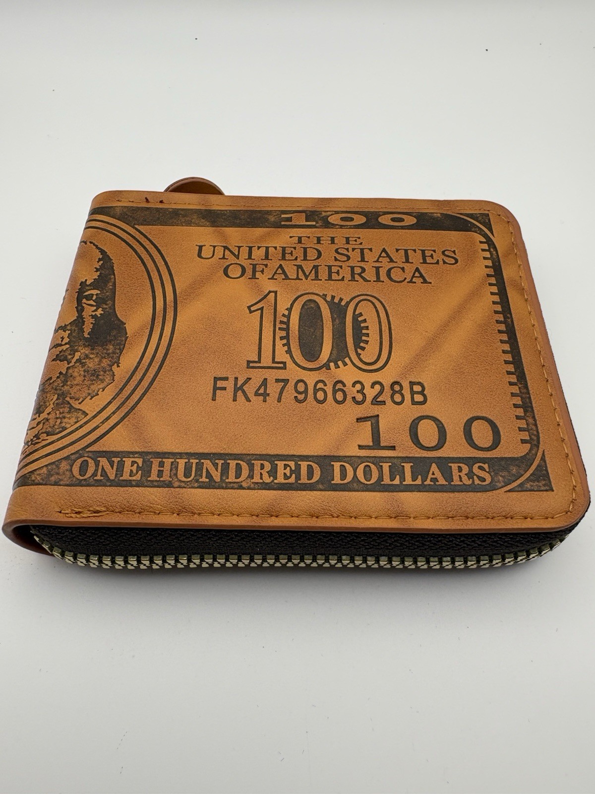 Vintage Novelty $100 Bill Leather Zip-Around Bifold Wallet