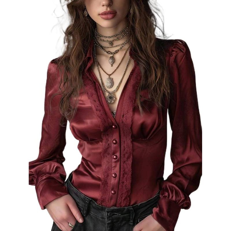 Womens Satin Long-sleeve Shirt With A Turn-down Collar