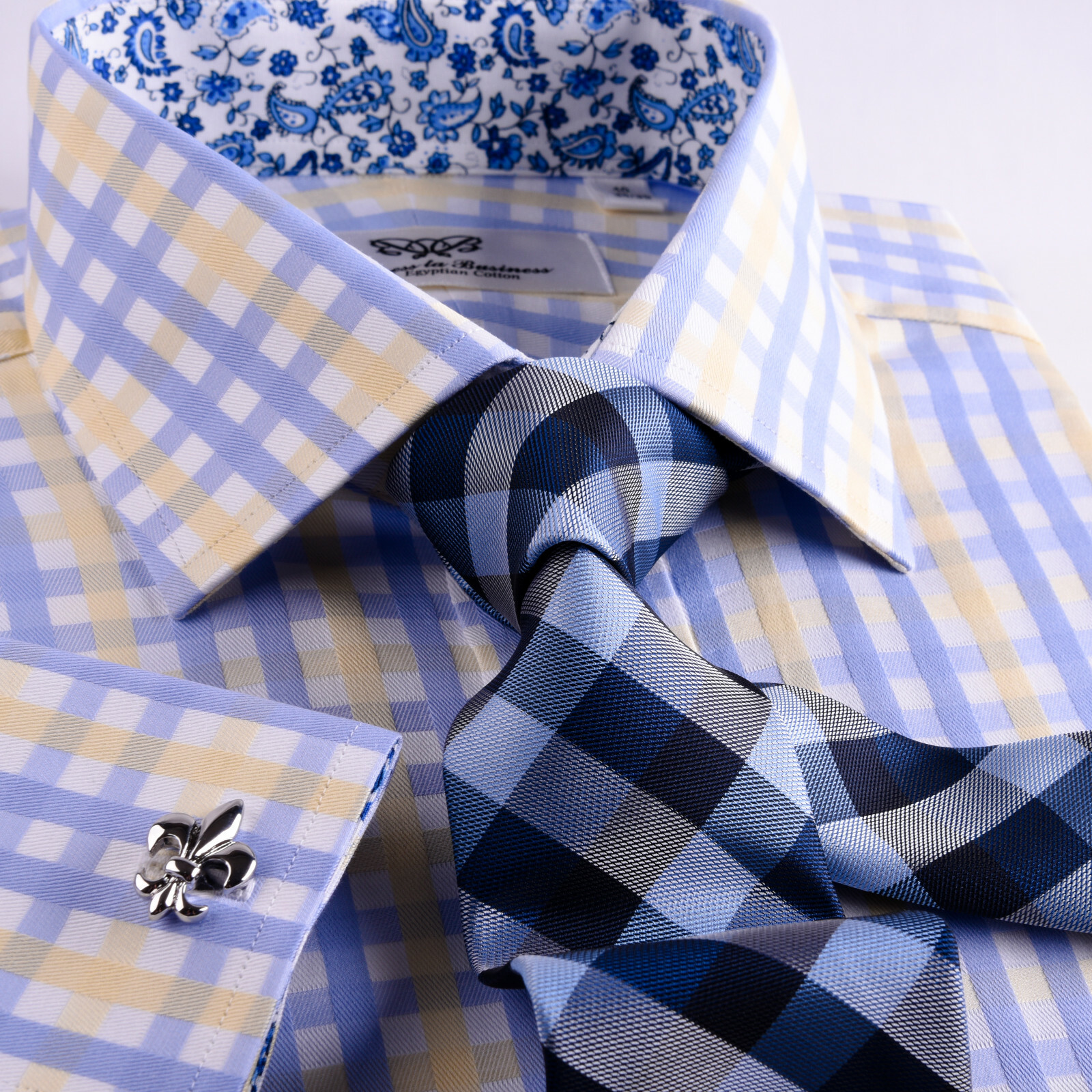 Blue Herringbone Stripe Business Dress Shirt Yellow Luxury Formal Stylish Design