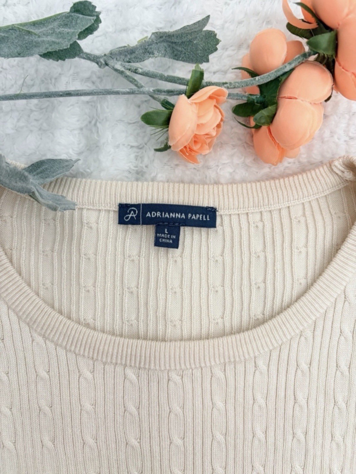 Adrianna Papell Ivory Cable-Knit Puff Sleeve Crewneck Pullover Sweater L