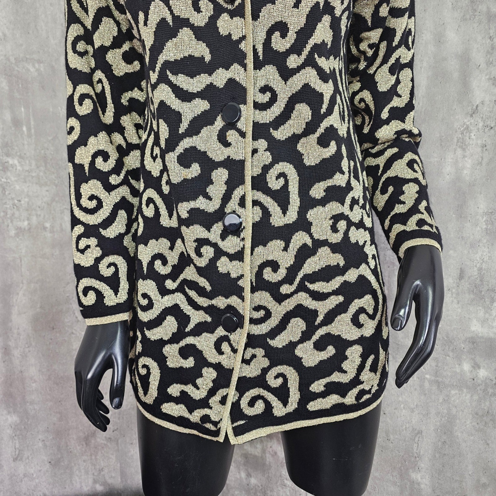 Vintage 80s 90s Tesori Baroque Knit Jacket Gold Black Wool Cardigan XS